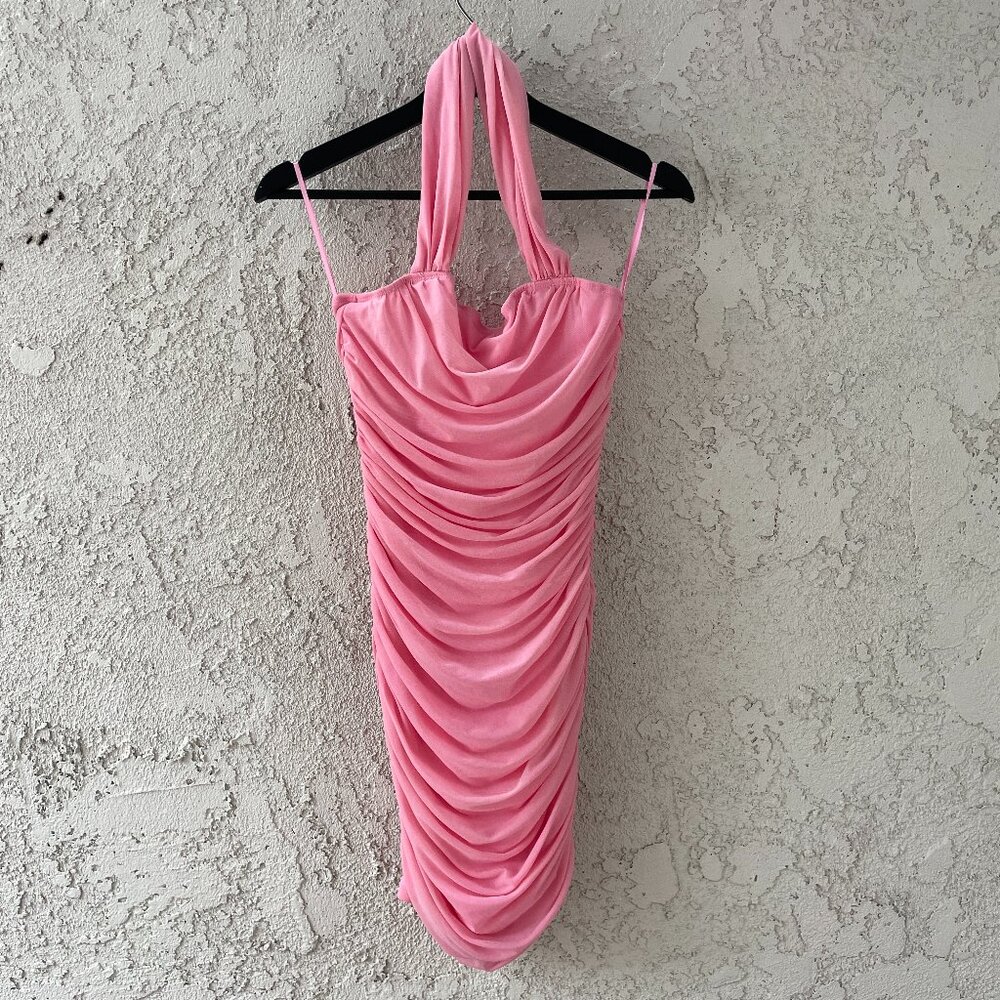 Pink Power Mesh Ruched Mini Dress Coquette Prom Party Cowl Neck Halter Size M